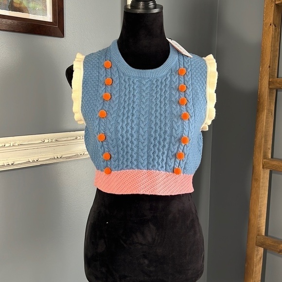 Cider Knit Multi Color Vest with Pom Poms. Sleeveless Sweater Vest L Preppy NWT - Picture 9 of 10